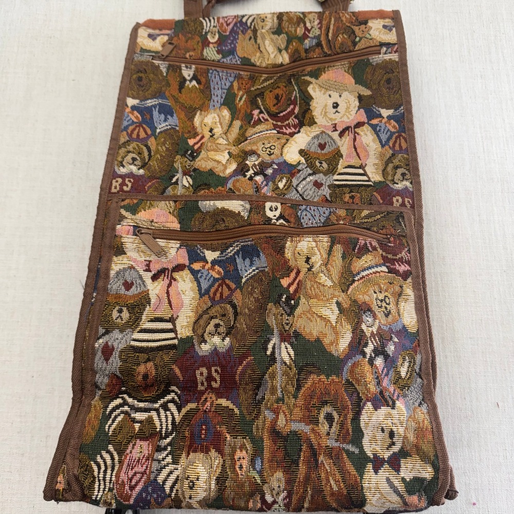 Vintage Jade Teddy Bear Tapestry Rolling Collapsable Shopping Cart Travel Bag